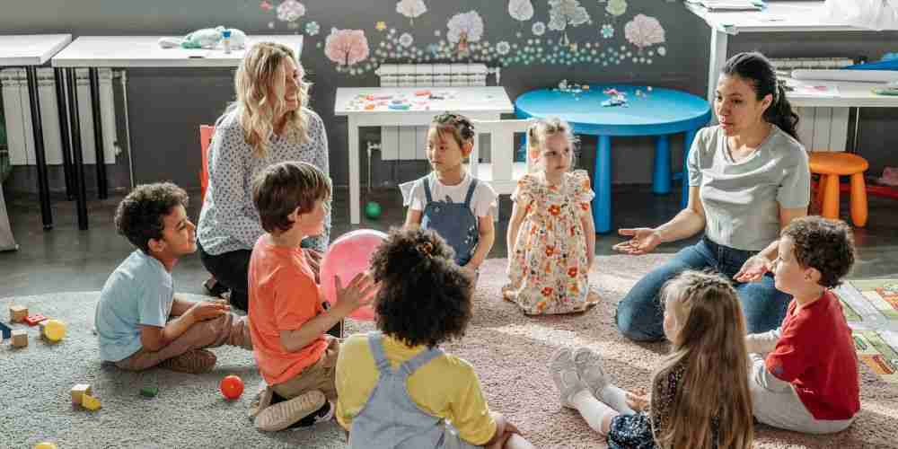 children at an early learning centre with educators